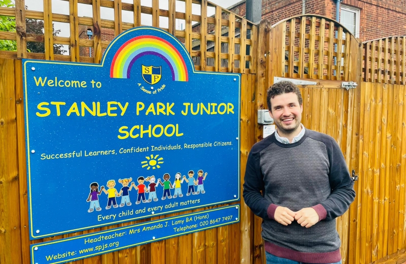 Elliot Colburn outside Stanley Park Junior School 